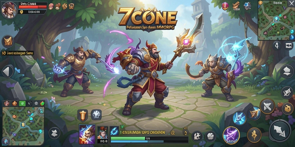 Tangkapan layar gameplay <strong>7CONE</strong> menampilkan pertarungan epik di dunia fantastis.