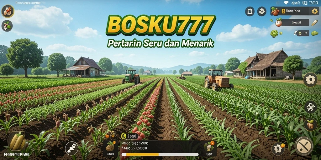 Tampilan gameplay BOSKU777 yang menampilkan aktivitas bertani dan interaksi sosial.