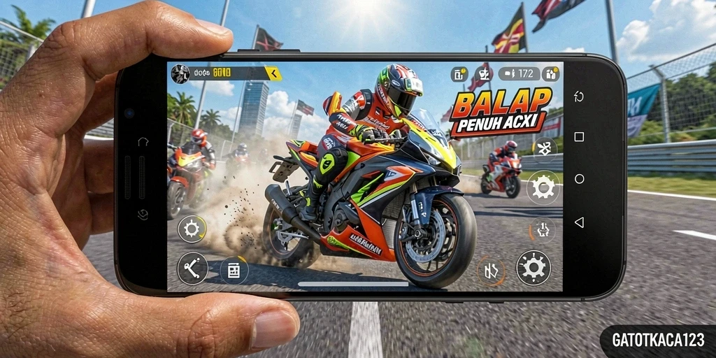 Screenshot utama GATOTKACA123 menampilkan aksi balapan motor yang menegangkan.