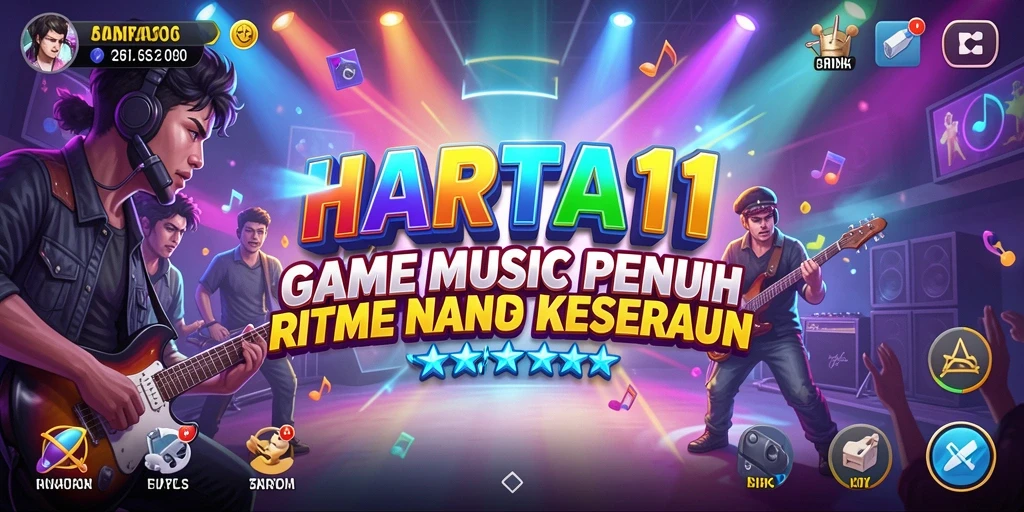 Tampilan gameplay HARTA11 yang penuh warna dan ritme.