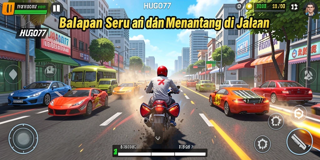 Gameplay HUGO77 yang intens dan menegangkan di lintasan balap.
