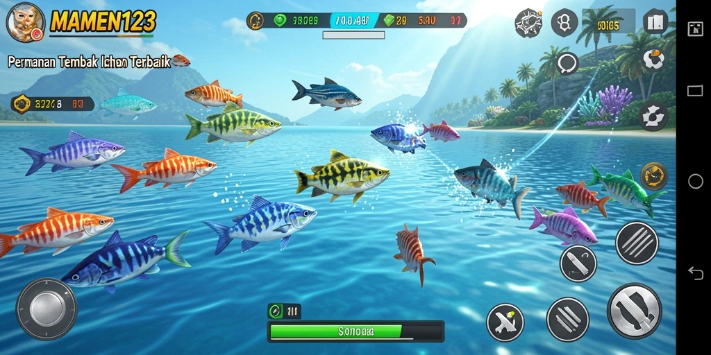 Tangkapan layar gameplay MAMEN123 yang menampilkan aksi menembak ikan.