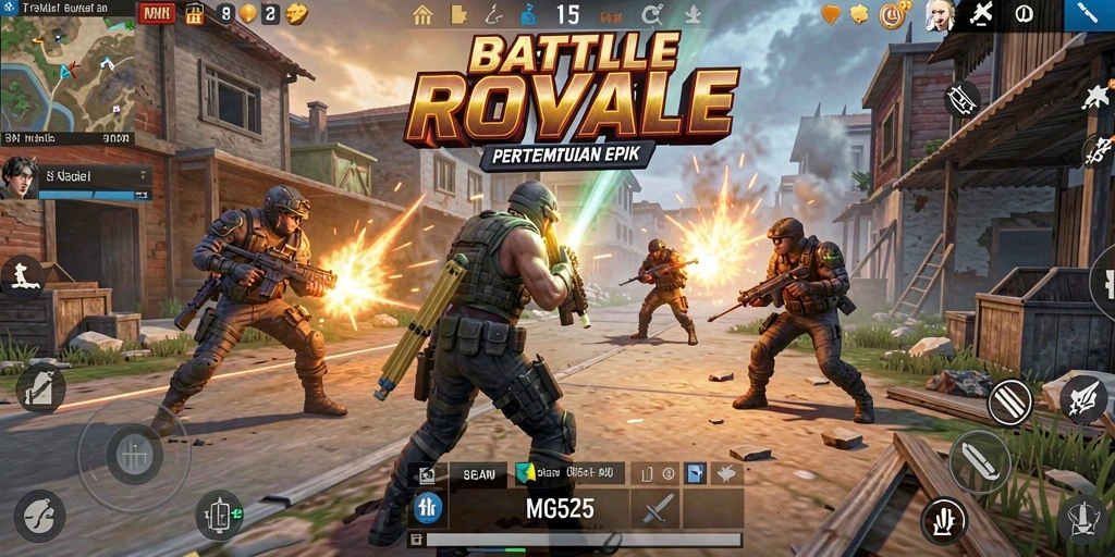 Screenshot MG525 menunjukkan aksi seru dalam pertempuran Battle Royale.