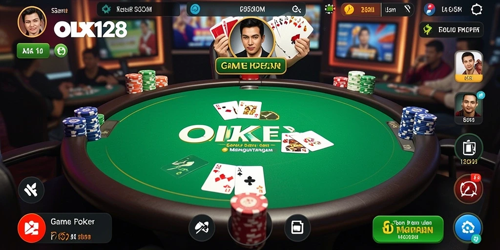Screenshot gameplay OLX128 menampilkan pertempuran Poker yang mendebarkan.