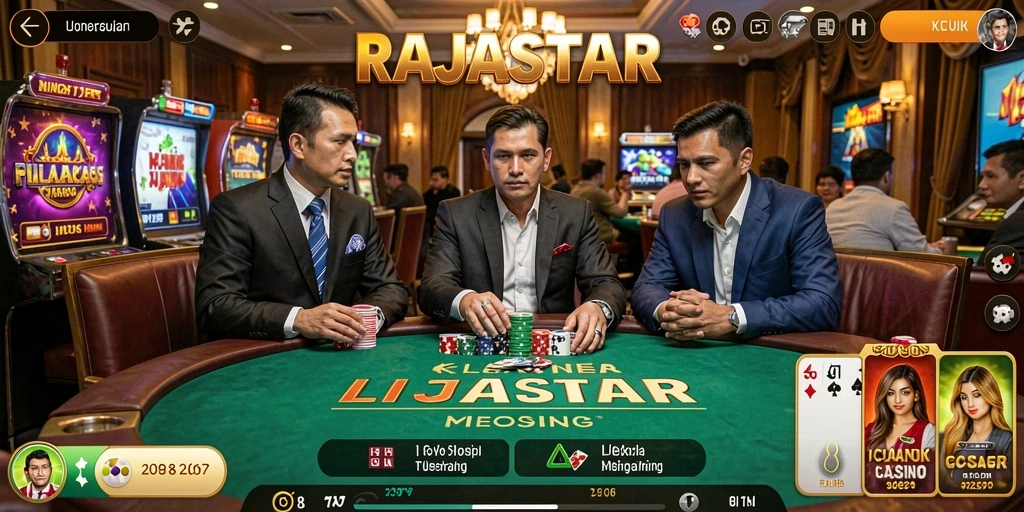 Gameplay RAJASTAR yang menampilkan dealer langsung dan permainan kasino.