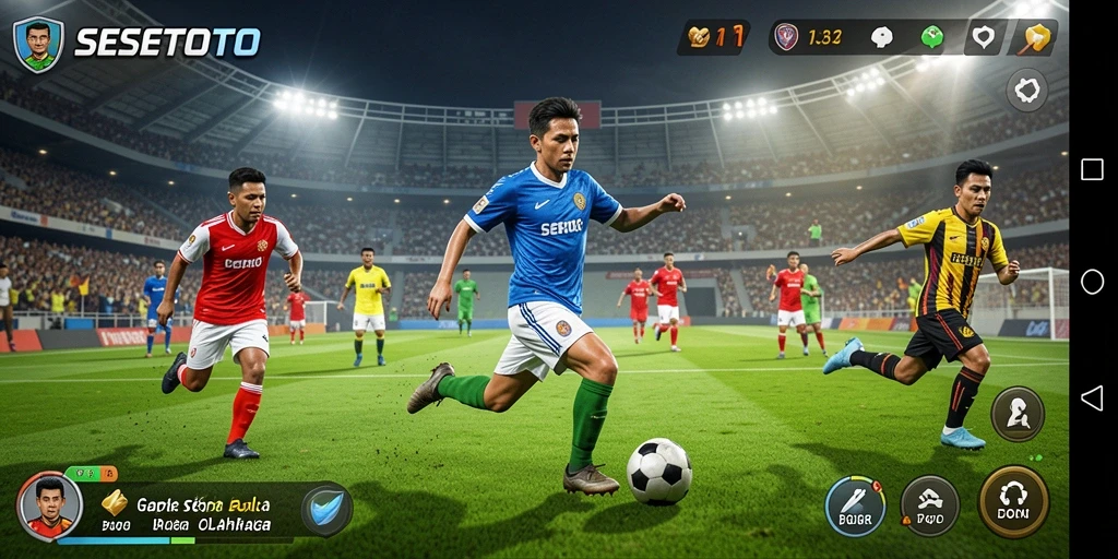 Tampilan gameplay SESETOTO yang seru dengan banyak aksi sepak bola.