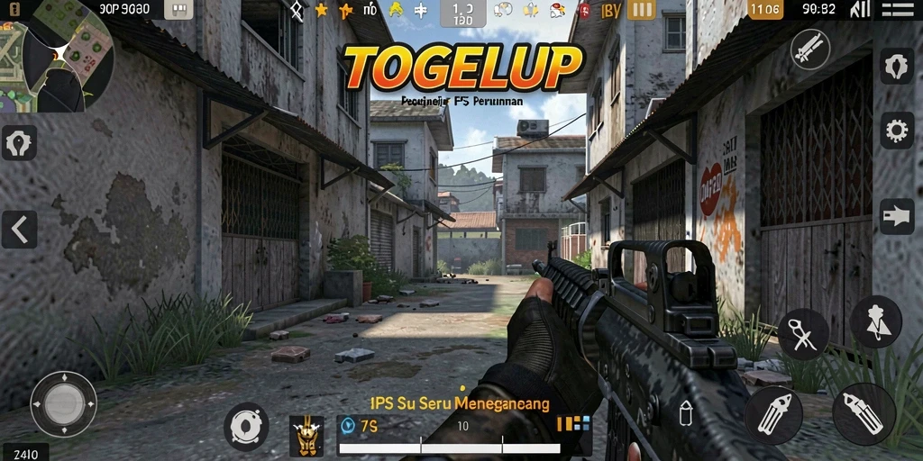 Screenshot TOGELUP menunjukkan aksi intens dalam pertempuran FPS.