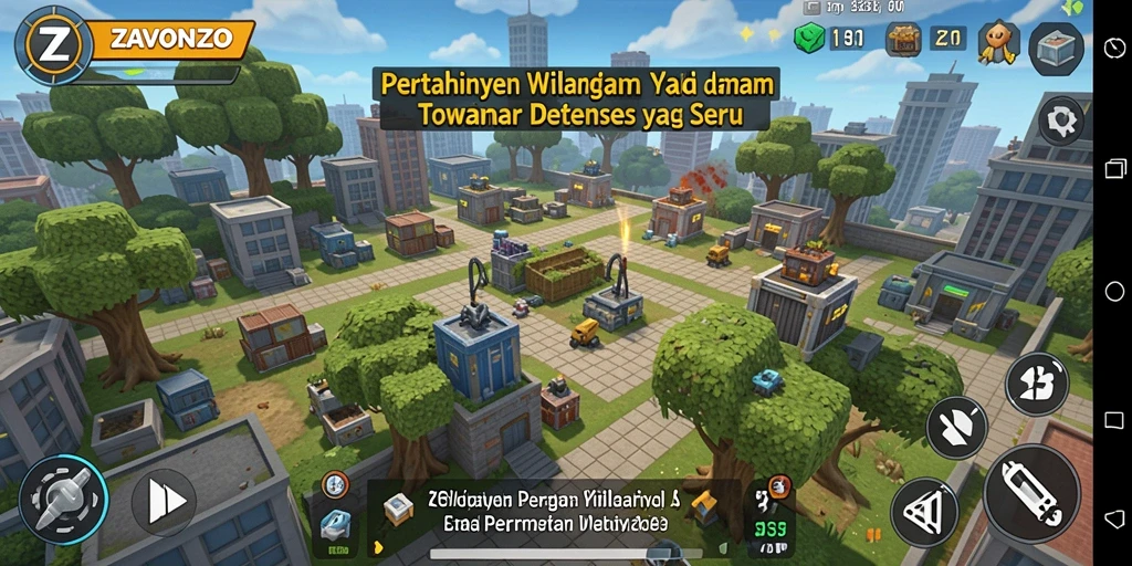 Gameplay ZAVONZO menampilkan pertahanan strategis dan serangan musuh.